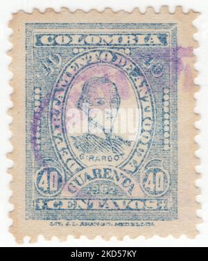 ANTIOQUIA - 1902: An 40 centavos blue postage stamp, showing a portrait of Manuel Atanasio Girardot Díaz, Colombian revolutionary leader. Son of Louis Girardot, wealthy merchant and French miner, Girardot fought with Simón Bolívar in the Campaña Admirable and other battles. He died during the Battle of Bárbula, trying to plant the republican flag on Bárbula Hill Stock Photo