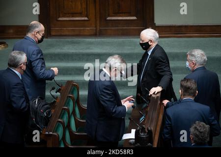 Leader of the Polish Law and Justice (PiS) ruling party Jaroslaw Kaczynski during the 50th session of the Sejm (lower house of Polish Parliament) in Warsaw, Poland on March 8, 2022 (Photo by Mateusz Wlodarczyk/NurPhoto) Stock Photo