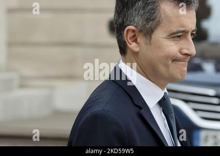 French Interior Minister Gerald Darmanin leaves following the weekly cabinet meeting at the Elysee palace and before he left to Corsica where there were protests - March 16, 2022, Paris (Photo by Daniel Pier/NurPhoto) Stock Photo