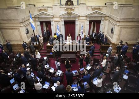 A general view of the Argentina's Senate as lawmakers meet to ratify the government's agreement with the International Monetary Fund (IMF), at the National Congress in Buenos Aires, Argentina March 17, 2022. (Photo by Matías Baglietto/NurPhoto) Stock Photo
