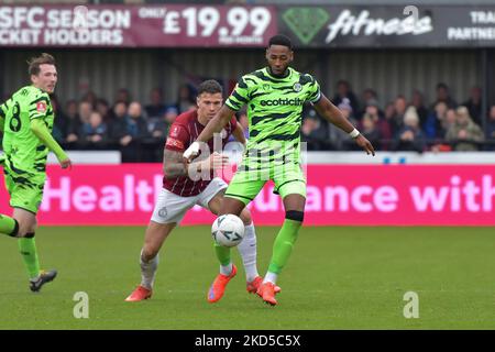 South Shields, UK. 05th Nov, 2022. Forest Green Rover's Jamille Matt come under pressure from South Shield's Tom Braodbent during the FA Cup 1st Round match between South Shields and Forest Green Rovers at Mariners Park, South Shields on Saturday 5th November 2022. (Credit: Scott Llewellyn | MI News) Credit: MI News & Sport /Alamy Live News Stock Photo