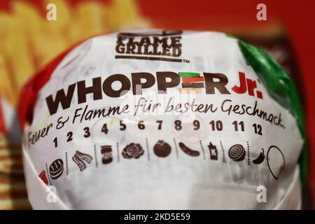 Whopper Jr. burger is seen at the Burger King restaurant in this illustration photo taken in Krakow, Poland on March 18, 2022. (Photo by Jakub Porzycki/NurPhoto) Stock Photo