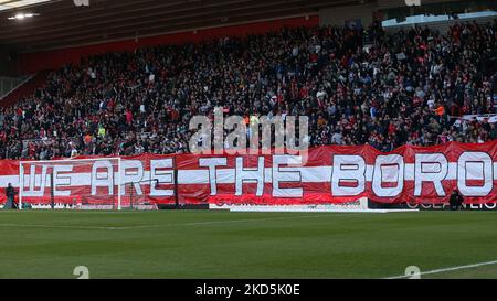 Middlesbrough's fans hold up a banner in front of the south stand during the FA Cup match between Middlesbrough and Chelsea at the Riverside Stadium, Middlesbrough on Saturday 19th March 2022. (Photo by Mark Fletcher/MI News/NurPhoto) Stock Photo