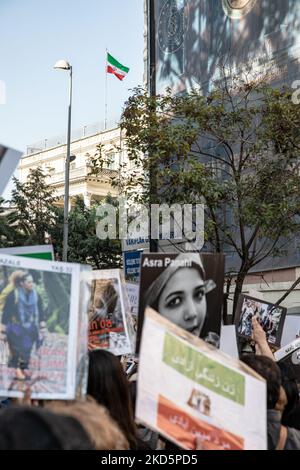 Istanbul, Turkey. 04th Nov, 2022. Protesters hold placards expressing their opinion during the demonstration. Protesters organized a demonstration following the death of Mahsa Amini. Mahsa fell into a coma and died after being arrested in Tehran by the morality police for allegedly violating the country's hijab rules. Amini's death has sparked weeks of violent protests across Iran. (Photo by Onur Dogman/SOPA Images/Sipa USA) Credit: Sipa USA/Alamy Live News Stock Photo