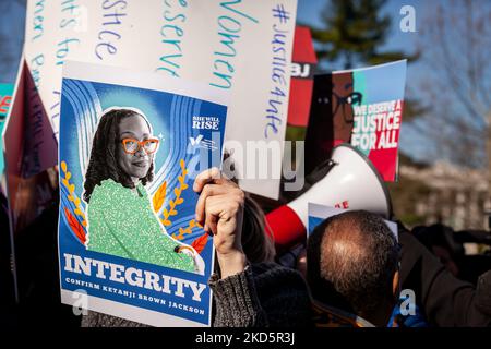 A demonstrator holds a sign calling for confirmation of Ketanji Brown Jackson to the Supreme Court during a rally on the first day of her Senate confirmation hearings. Jackson’s nomination to be a Supreme Court justice is historic because she is the first Black woman to be nominated. She is a former public defender and currently serves as a judge on the U.S. Court of Appeals for the DC Circuit. (Photo by Allison Bailey/NurPhoto) Stock Photo