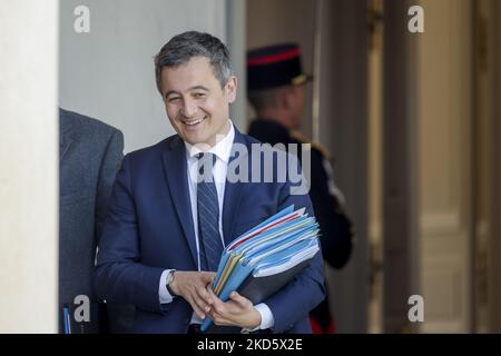French Interior Minister Gerald Darmanin leaves following the weekly cabinet meeting at the Elysee palace - March 23, 2022, Paris (Photo by Daniel Pier/NurPhoto) Stock Photo