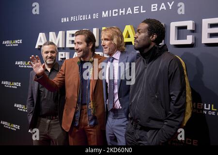 Michael Bay, Jake Gyllenhaal, Yahya Abdul-Mateen II attends the Ambulance movie premiere at 'Callao Cinelights' Cinema in Madrid, Spain (Photo by Carlos Dafonte/NurPhoto) Stock Photo