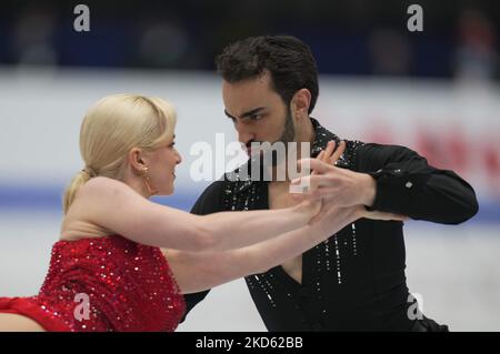 Olivia Smart and Adrian Diaz from Spain during Pairs Ice Dance, at Sud de France Arena, Montpellier, France on March 25, 2022. (Photo by Ulrik Pedersen/NurPhoto) Stock Photo