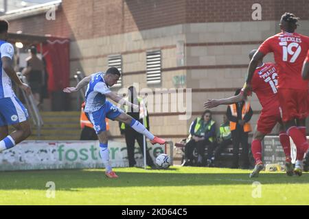 John Rooney of Barrow shoots at goal during the Sky Bet League 2 match between Leyton Orient and Barrow at the Matchroom Stadium, London on Saturday 26th March 2022. (Photo by Ivan Yordanov/MI News/NurPhoto) Stock Photo