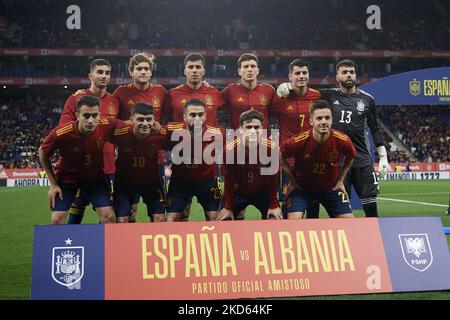 Spain line up (L-R) Ferran Torres (FC Barcelona), Marcos Alonso (Chelsea FC), Rodri (Manchester City), Pau Torres (Villarreal CF), Alvaro Morata (Juventus FC), David Raya (Brentford FC), Eric Garcia and Pedri (FC Barcelona), Daniel Carvajal (Real Madrid), Gavi (FC Barcelona), Pablo Sarabia (Sporting CP) during the international friendly match between Spain and Albania at RCDE Stadium on March 26, 2022 in Barcelona, Spain. (Photo by Jose Breton/Pics Action/NurPhoto) Stock Photo