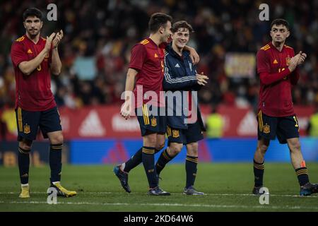 09 Gavi of Spain, 03 Eric Garcia of Spain and 10 Pedri of Spain during the International Friendly match between Spain and Albania at RCD Stadium on March 26, 2022 in Barcelona, Spain. (Photo by Xavier Bonilla/NurPhoto) Stock Photo