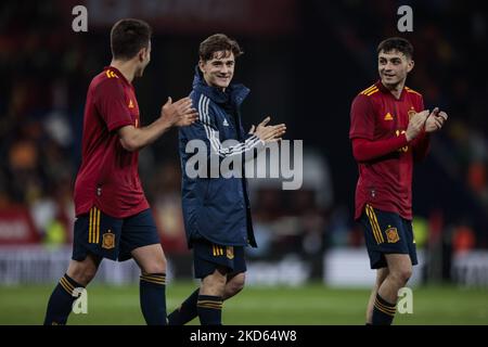 09 Gavi of Spain, 03 Eric Garcia of Spain and 10 Pedri of Spain during the International Friendly match between Spain and Albania at RCD Stadium on March 26, 2022 in Barcelona, Spain. (Photo by Xavier Bonilla/NurPhoto) Stock Photo