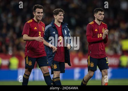 09 Gavi of Spain, 03 Eric Garcia of Spain and 10 Pedri of Spain during the International Friendly match between Spain and Albania at RCD Stadium on March 26, 2022 in Barcelona, Spain. (Photo by Xavier Bonilla/NurPhoto) Stock Photo