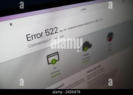An error message is seen on a Safari browser window when attempting to load the page of the Hungarian 888 news website in Warsaw, Poland on March 28, 2022. Several Hungarian pro-government media websites have been subject to a cyber attack with some sites showing messages on how propaganda works. Hungary will have parliamentary elections on April 3, 2022. (Photo by STR/NurPhoto) Stock Photo