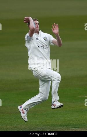 Oliver Gibson of Durham bowls during the Friendly match between Durham and Yorkshire at Emirates Riverside, Chester le Street on Monday 28th March 2022. (Photo by Will Matthews/MI News/NurPhoto) Stock Photo