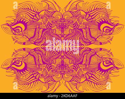 Duotone abstract pattern with psychedelic colorful fantastic ornament. Decorative purple outline, isolated on orange background. Future creative Stock Vector