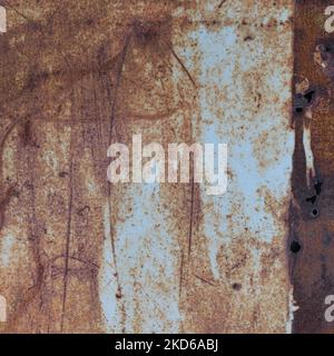Old light blue painted grey rusty rustic rust iron metal frame background texture, vertical aged damaged weathered scratched framed plain paint patch Stock Photo