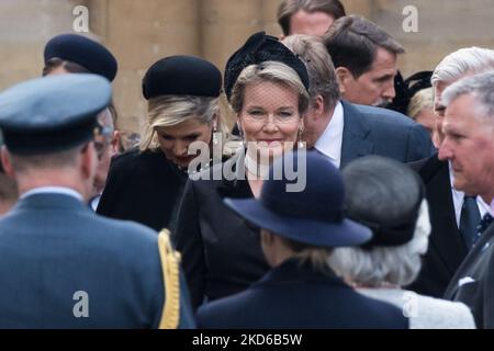 LONDON, UNITED KINGDOM - MARCH 29, 2022: Belgium's Queen Mathilde (C) arrives for the Service of Thanksgiving for Prince Philip at Westminster Abbey on March 29, 2022 in London, England. The Duke of Edinburgh, the Queen's husband of more than seventy years, has died on 9 April last year at the age of 99 with his funeral service attended by only 30 people due to Covid-19 lockdown restrictions. (Photo by WIktor Szymanowicz/NurPhoto) Stock Photo