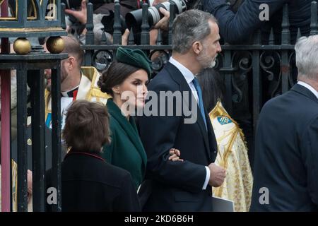 LONDON, UNITED KINGDOM - MARCH 29, 2022: King Felipe and Queen Letizia of Spain leave after the Service of Thanksgiving for Prince Philip at Westminster Abbey on March 29, 2022 in London, England. The Duke of Edinburgh, the Queen's husband of more than seventy years, has died on 9 April last year at the age of 99 with his funeral service attended by only 30 people due to Covid-19 lockdown restrictions. (Photo by WIktor Szymanowicz/NurPhoto)