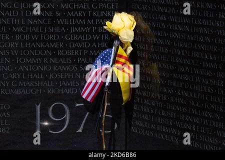 Items of rememberance are seen at the Vietnam Veterans Memorial in Washington, D.C. on March 29, 2022, the 5th annual National Vietnam War Veterans Day holiday and the 50th anniversary of the Vietnam War (Photo by Bryan Olin Dozier/NurPhoto) Stock Photo