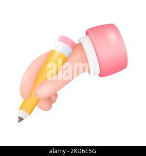 3D Hand Holding Pencil Isolated on White Background. Writing, Journalism, Copywriting, Study Concept. Vector Illustration Stock Vector