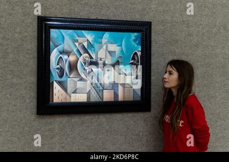 LONDON, UNITED KINGDOM - APRIL 04, 2022: A staff member looks at 'Illusione aerea' (1936) by Tullio Crali (1910-2000), estimate: £35,000 - 55,000 during a photo call for the Impressionist & Modern Art Sale at Bonhams auction house on April 04, 2022 in London, England. (Photo by WIktor Szymanowicz/NurPhoto) Stock Photo