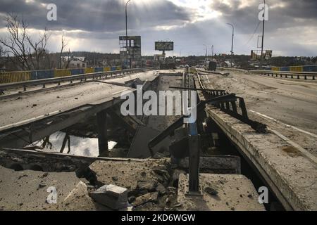 A damaged bridge in the recaptured by the Ukrainian army Bucha city near Kyiv, Ukraine, 04 April 2022. (Photo by Maxym Marusenko/NurPhoto) Stock Photo