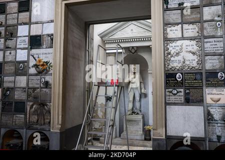 The presentation of the work Lullaby (1994) by Maurizio Cattelan at the Crematorium Temple of the Monumental Cemetery during the Milan Art Week 2022 on March 30, 2022 in Milan, Italy. (Photo by Alessandro Bremec/NurPhoto) Stock Photo