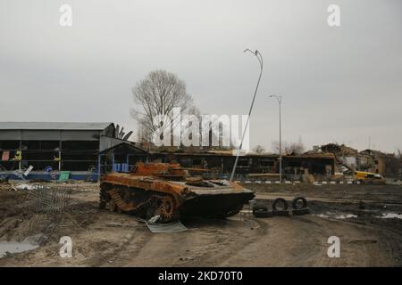 The consequences of the Russian-Ukrainian war in the city of Borodyanka near Kyiv Ukraine, 05 April 2022. On 24 February, Russian troops had entered Ukrainian territory in what the Russian president declared a 'special military operation', resulting in fighting and destruction in the country, a huge flow of refugees, and multiple sanctions against Russia. (Photo by Oleg Pereverzev/NurPhoto) Stock Photo