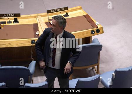 Sergiy Kyslytsya, Permanent Representative of Ukraine to the United Nations leaves the chamber following a UN Security Council discusssion on the measures to maintain the security and peace in Ukraine at the United Nations Headquarters, on April 11, 2022 in New York City USA. As evidence of human atrocities continue to surface in the Ukrainian war, the United Nations General Assembly voted recently to “suspended the Russian Federation’s membership in the Human Rights Council.” (Photo by John Lamparski/NurPhoto) Stock Photo