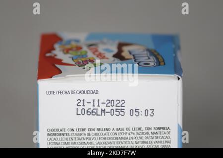 View of a batch of a Kinder Surprise egg inside its carton in Mexico City. The Federal Commission for the Protection against Health Risks (Cofepris) issued an alert on Monday about the possible salmonella contamination of four batches of Kinder mini eggs and Kinder Surprise Maxi, which are being voluntarily recalled worldwide by the manufacturer. (Photo by Gerardo Vieyra/NurPhoto) Stock Photo