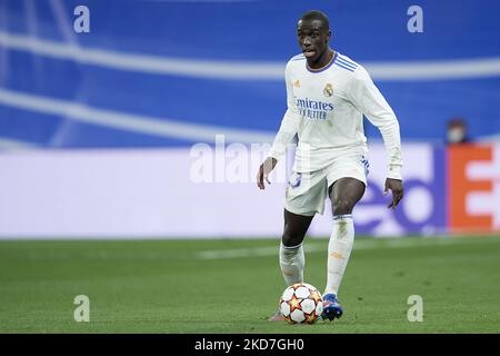 Ferland Mendy of Real Madrid controls the ball during the UEFA Champions League Quarter Final Leg Two match between Real Madrid and Chelsea FC at Estadio Santiago Bernabeu on April 12, 2022 in Madrid, Spain. (Photo by Jose Breton/Pics Action/NurPhoto) Stock Photo