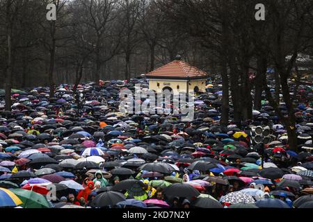 Pilgrims attend the Way of the Cross during Good Friday celebration in Kalwaria Zebrzydowska, Poland on April 15, 2022. (Photo by Beata Zawrzel/NurPhoto) Stock Photo