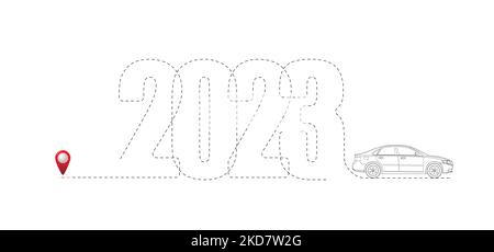 Merry Christmas and New Year concept, destination with 2023 route. Travel by car in the New Year. Stock Vector