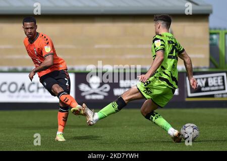 Oldham Athletic's Jordan Clarke tussles with Josh March of Forest Green Rovers during the Sky Bet League 2 match between Forest Green Rovers and Oldham Athletic at The New Lawn, Nailsworth on Monday 18th April 2022. (Photo by ddie Garvey/MI News/NurPhoto) Stock Photo