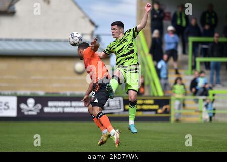 Oldham Athletic's Jordan Clarke tussles with Jack Aitchison of Forest Green Rovers during the Sky Bet League 2 match between Forest Green Rovers and Oldham Athletic at The New Lawn, Nailsworth on Monday 18th April 2022. (Photo by ddie Garvey/MI News/NurPhoto) Stock Photo