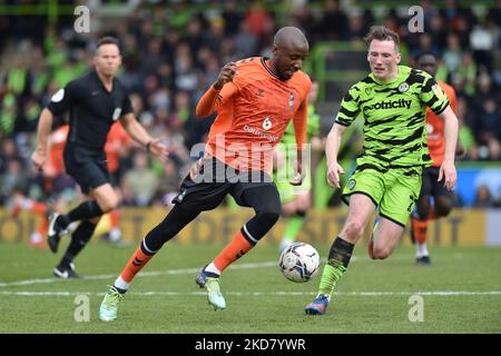 Oldham Athletic's Dylan Bahamboula tussles with Harvey Bunker of Forest Green Rovers during the Sky Bet League 2 match between Forest Green Rovers and Oldham Athletic at The New Lawn, Nailsworth on Monday 18th April 2022. (Photo by ddie Garvey/MI News/NurPhoto) Stock Photo