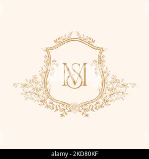 MS Initial Wedding Monogram Logo Crest, Wedding Logo Design, Custom Wreath Wedding Monogram, Crest Initial Wedding Logo Stock Vector