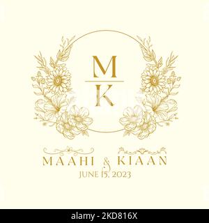 MK initial wedding crest. Luxury Wedding Crest Monogram. Beautiful hand drawn wildflowers Vector illustration. Stock Vector