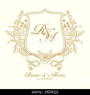 Luxury Wedding Crest Monogram. RA initial wedding crest. Beautiful hand drawn vintage crests with flowers Vector illustration. Stock Vector
