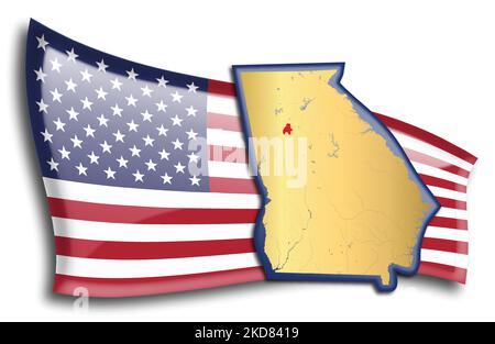 U.S. states - map of Georgia against an American flag. Rivers and lakes are shown on the map. American Flag and State Map can be used separately and e Stock Vector