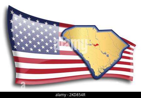 U.S. states - map of South Carolina against an American flag. Rivers and lakes are shown on the map. American Flag and State Map can be used separatel Stock Vector