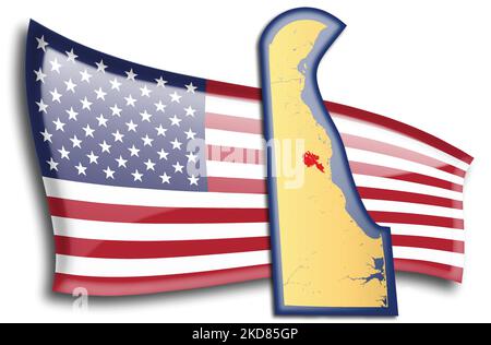 U.S. states - map of Delaware against an American flag. Rivers and lakes are shown on the map. American Flag and State Map can be used separately and Stock Vector