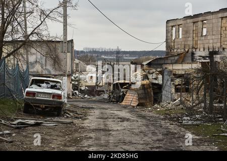 Destruction in the city of Gostomel, Kyiv region, on April 21, 2022 as Russian invasion of Ukraine continue. (Photo by Oleg Pereverzev/NurPhoto) Stock Photo