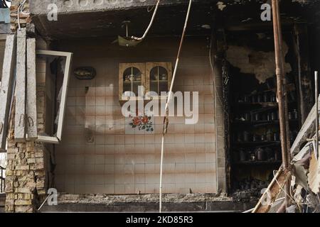 Destruction in the village of Gorenko, Kyiv region, on April 21, 2022 as Russian invasion of Ukraine continue. (Photo by Oleg Pereverzev/NurPhoto) Stock Photo