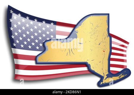 U.S. states - map of New York against an American flag. Rivers and lakes are shown on the map. American Flag and State Map can be used separately and Stock Vector