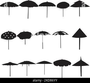 A digital illustration set of silhouettes of different umbrellas on a white background Stock Vector