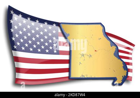 U.S. states - map of Missouri against an American flag. Rivers and lakes are shown on the map. American Flag and State Map can be used separately and Stock Vector