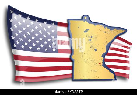 U.S. states - map of Minnesota against an American flag. Rivers and lakes are shown on the map. American Flag and State Map can be used separately and Stock Vector