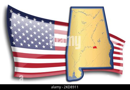 U.S. states - map of Alabama against an American flag. Rivers and lakes are shown on the map. American Flag and State Map can be used separately and e Stock Vector